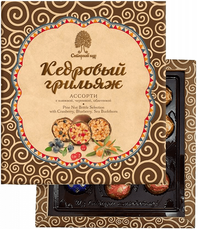 Кедровый грильяж с клюквой черникой и облепихой в шоколадной глазури Сибирский Кедр 0.12 л